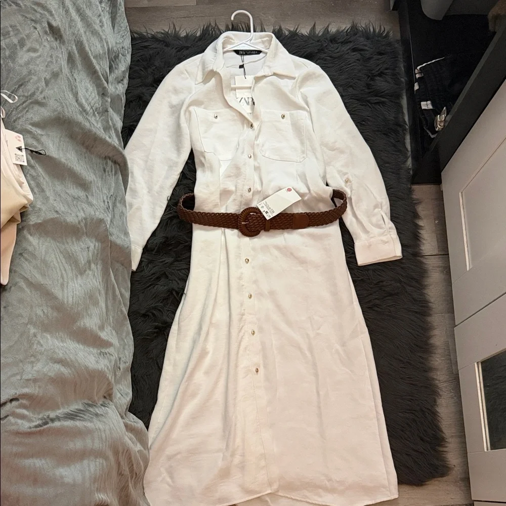 Zara White Long Sleeve Button-Front Shirt Dress with Brown Woven Belt - Picture 6 of 7